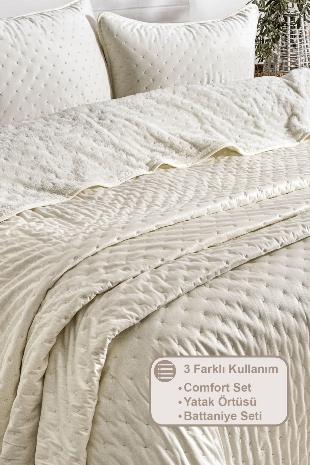طقم غطاء سرير مخملي مزدوج 240×260 سم - كريمي - صورة 2