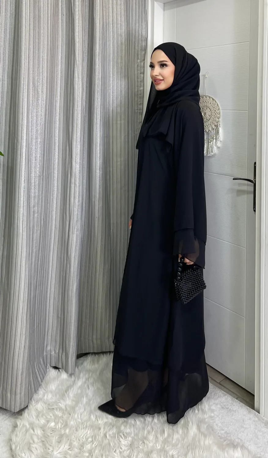 عباية شيفون بطبقتين مع شال أسود - صورة 2