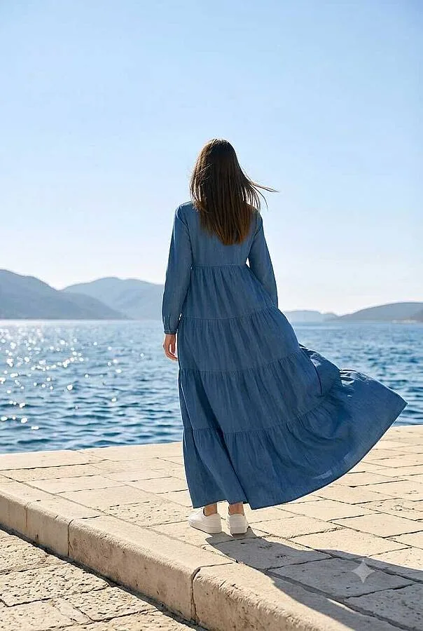 فستان دنيم تينسل بصبغة متدرجة بلون كحلي - صورة 6
