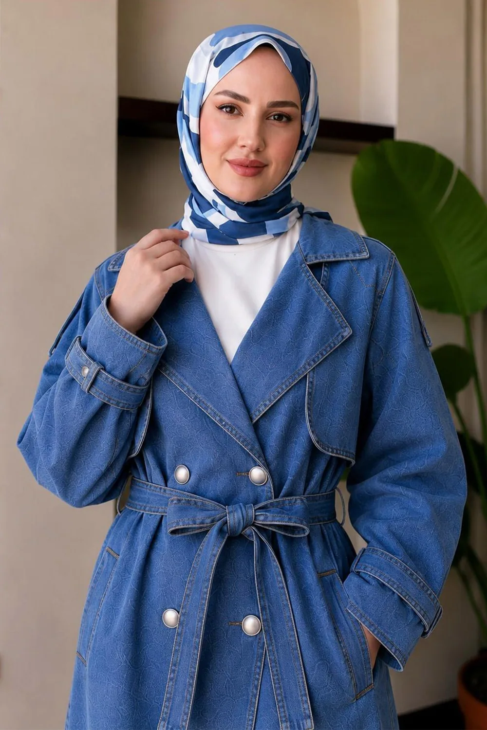 ترنش دنيم مزدوج الأزرار أزرق فاتح - صورة 2