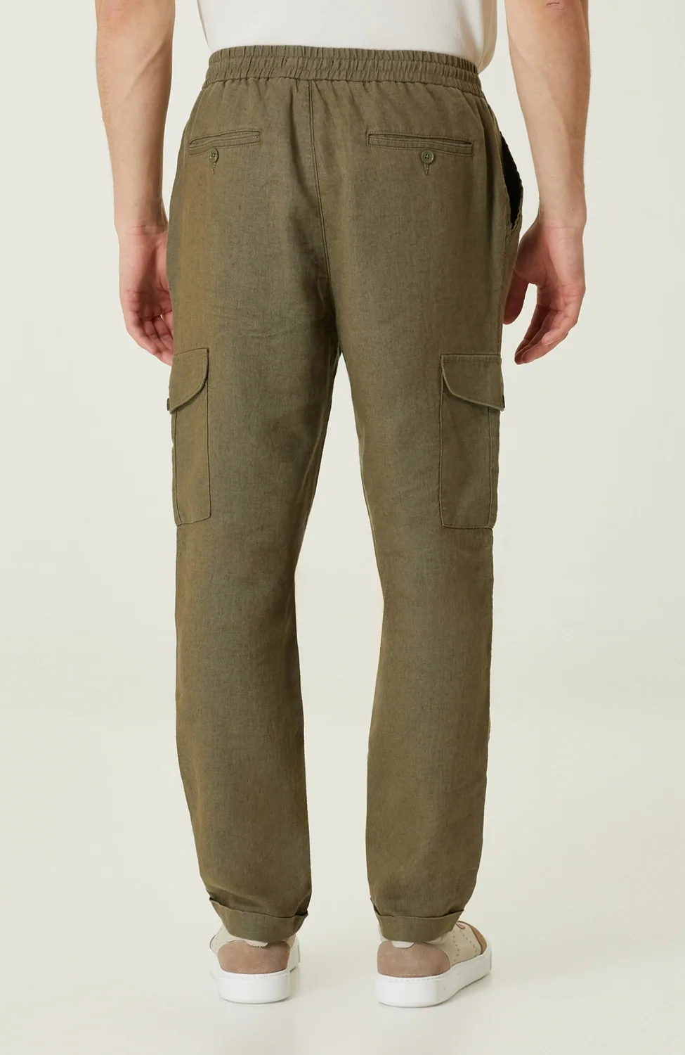 بنطال كارغو رجالي كتان كاكي برباط - صورة 3