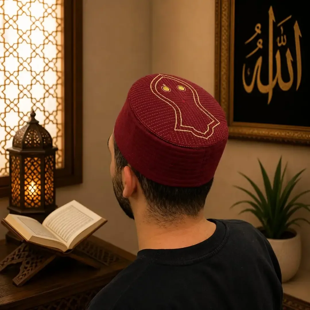 طاقية صلاة صلبة للعمامة بتطريز النعل الشريف