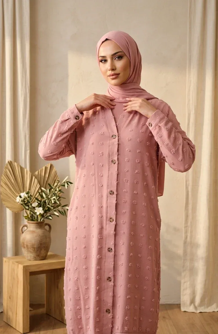 كارديغان بأزرار مزينة بكرات صوفية وردي فاتح - صورة 2