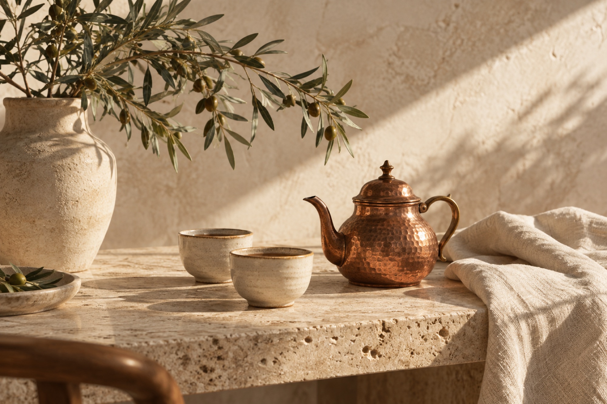 نحاس وكتان وتفاصيل منزلية في ضوء طبيعي