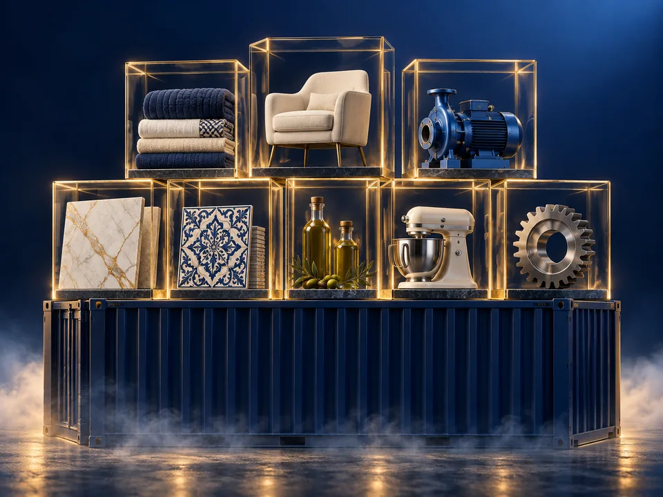 Products from different Turkish sectors inside glowing glass cubes on a shipping container